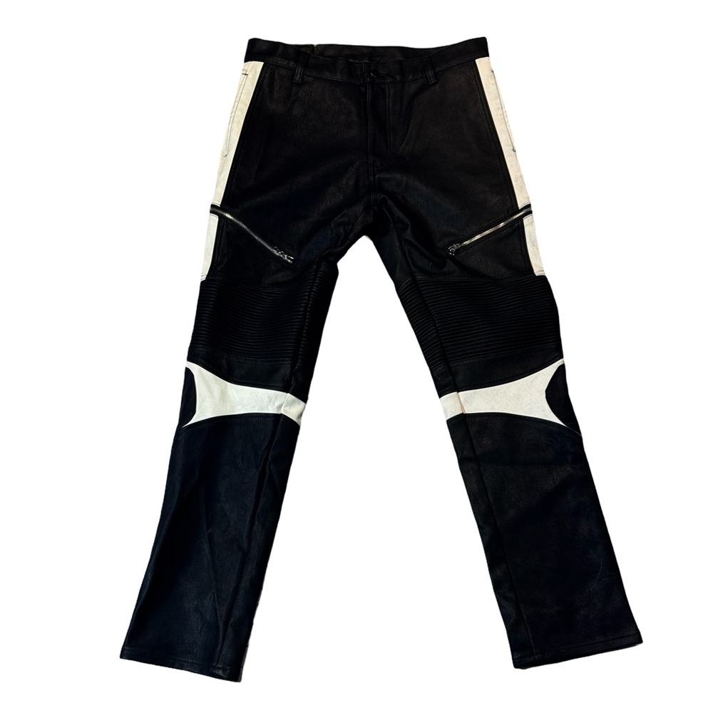 MNML mens 34x31 black white faux leather biker moto zipper jeans EUC